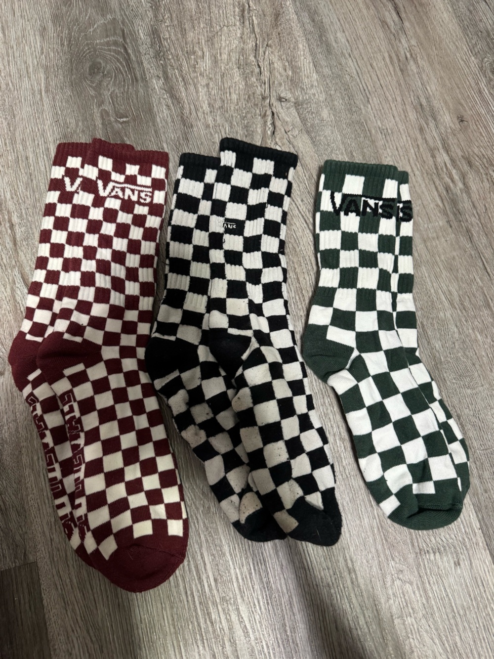 Vans Men’s Checkerboard Crew Socks - Black, Burgundy & Forest Green (3-Pack)